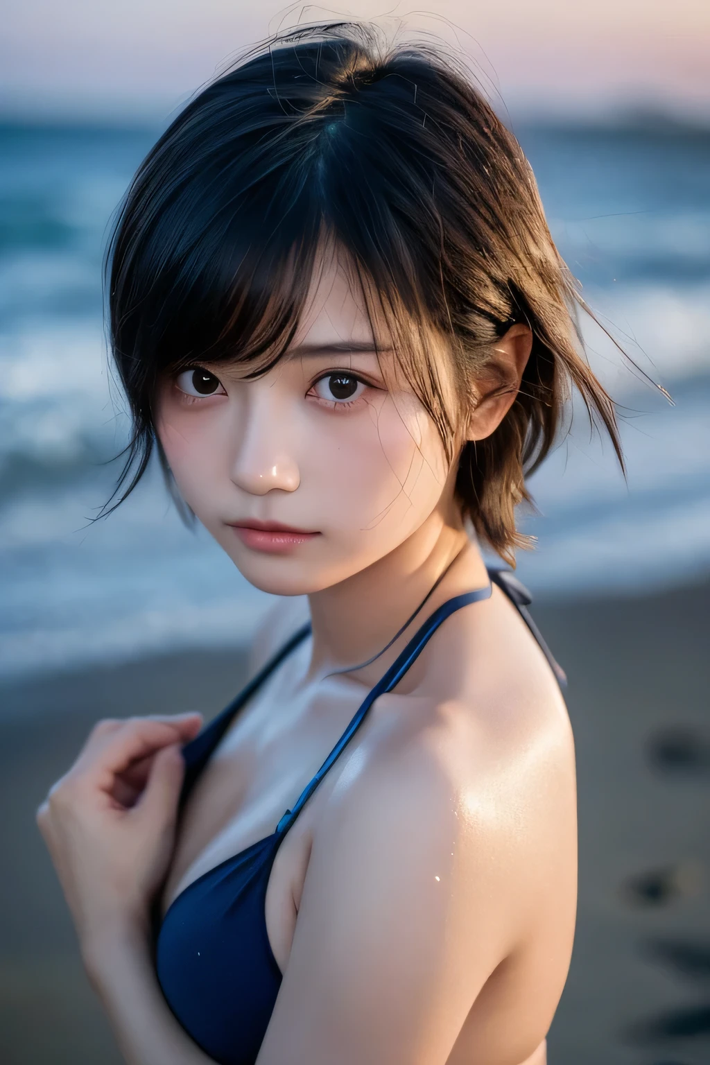 Hair blowing in the wind、Sweaty skin、Sweaty hair、Wet clothes、Coast at dusk,A cute girl with a face like a Japanese idol, Short Hair, Skinny body、athlete、(Cinema Lighting),(Natural light),(High level of artistry),(artistic),(Indistinguishable quality from the real thing),{{RAW Photos}},{{Genuine}},High resolution,masterpiece, beautiful, Handsome Tomboy, Looks like a salon model, Cool face,  Triangle Bikini, nsfw,、Puzzled、shame、sleepy、(Spoiled:1.4),