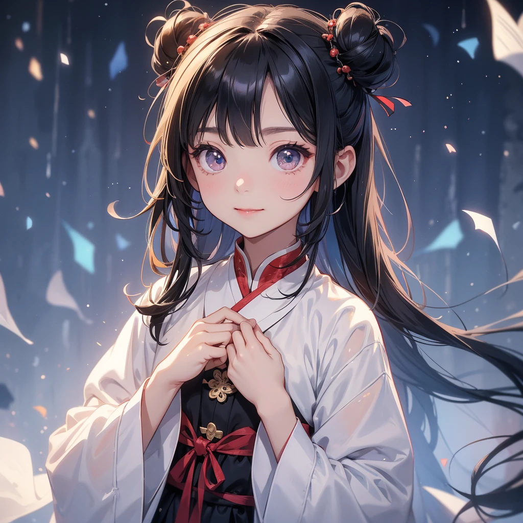 A chibi child girl had a small face and Wearing a little Taoist priest's outfit. A pair of big round eyes shone with curiosity about him. This child was so cute! , raindrops are falling down, her hair is black with two buns on her hair.small chibi, chibi baby, smiling.
The little chibi baby looked up with his chest raised, and his face was old and proud.
Amidst the white snowy atmosphere, the snow is falling lightly, watching the snow fall one by one