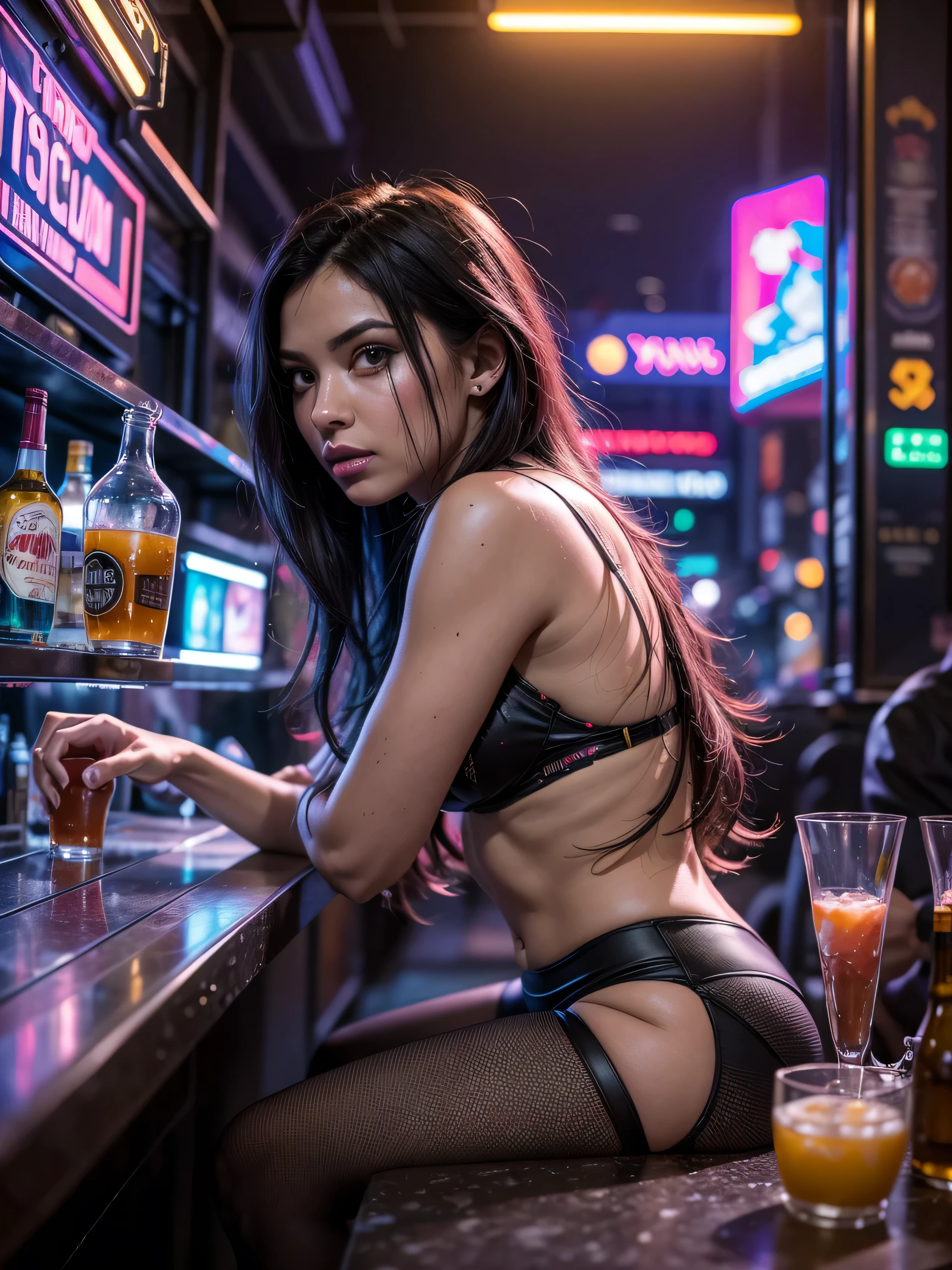 (((Masterpiece))),high resolution,realistic details,sharp focus, hyper-realistic photo of a bartender leaning over a bar serving you drinks, cyberpunk scene, cyberpunk vibe, New York city in the year of 2527. Super futuristic bar, sharp details, Sexy girl as a bartender, 28 years old, depth in vision, illuminated by vibrant neon lights and holograms. Capture the scene from point of view perspective during night. The atmosphere should convey a bustling yet ominous mood, highlighting the contrast between the dystopian environment and advanced technology.(Very detailed: 1.3),4k