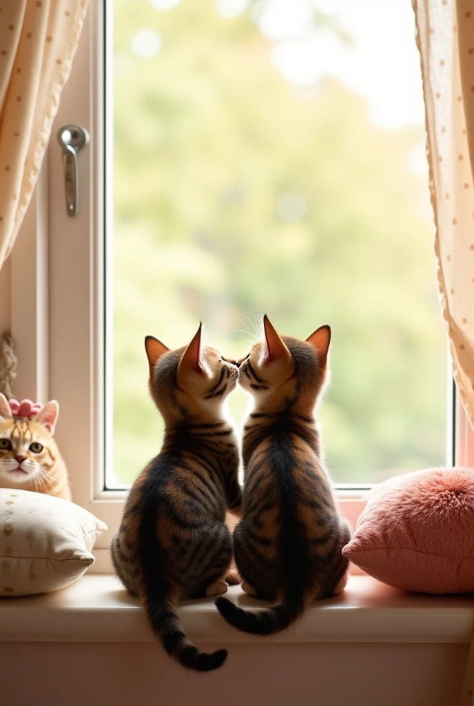 Cute room, large window, curtains, brown tabby pattern, black tabby pattern, beautiful in every detail, cute, heartwarming, two kittens by the window making a heart shape with their tails, showing their backs