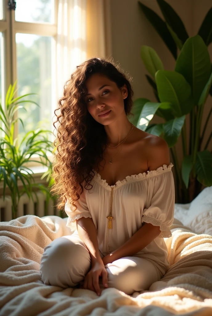 (photorealism:1.2), beautiful woman, sitting on bed, wearing loose off-shoulder top, pajama pants, long curly hair, indoors, soft lighting, plants in background, window with sunlight, cozy room, relaxed pose, realistic, intricate details, warm colors, by Greg Rutkowski, by Alphonse Mucha