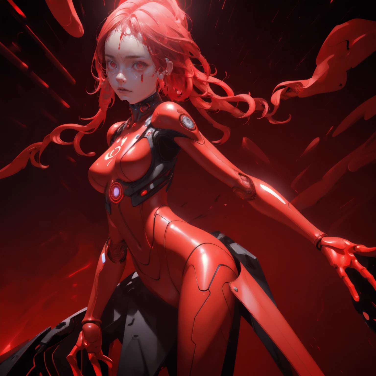 Hyperrealistic 3D render of a FOMOsapien, humanoid character with anxious expression and multiple arms reaching out, wearing a red futuristic bodysuit with glowing circuit patterns, standing on a red glowing platform surrounded by holographic cryptocurrency symbols and charts, dramatic red lighting, swirling red and black background, beads of sweat on forehead, thought bubble with "???" in red neon, highly detailed, octane render, unreal engine, cinematic lighting, 8k resolution