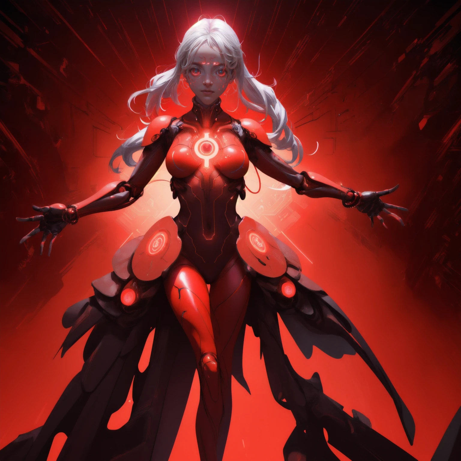 Hyperrealistic 3D render of a FOMOsapien, humanoid character with anxious expression and multiple arms reaching out, wearing a red futuristic bodysuit with glowing circuit patterns, standing on a red glowing platform surrounded by holographic cryptocurrency symbols and charts, dramatic red lighting, swirling red and black background, beads of sweat on forehead, thought bubble with "???" in red neon, highly detailed, octane render, unreal engine, cinematic lighting, 8k resolution
