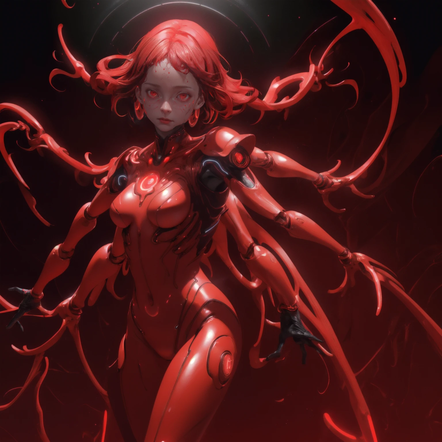 Hyperrealistic 3D render of a FOMOsapien, humanoid character with anxious expression and multiple arms reaching out, wearing a red futuristic bodysuit with glowing circuit patterns, standing on a red glowing platform surrounded by holographic cryptocurrency symbols and charts, dramatic red lighting, swirling red and black background, beads of sweat on forehead, thought bubble with "???" in red neon, highly detailed, octane render, unreal engine, cinematic lighting, 8k resolution
