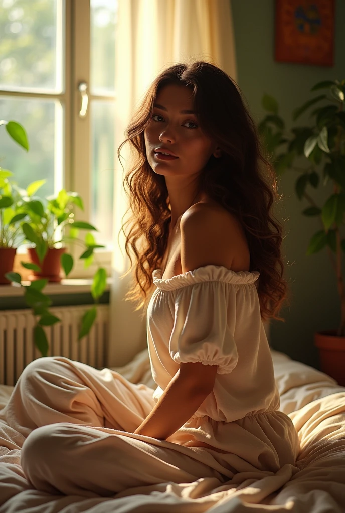 (photorealism:1.2), beautiful woman, sitting on bed, wearing loose off-shoulder top, pajama pants, long curly hair, indoors, soft lighting, plants in background, window with sunlight, cozy room, relaxed pose, realistic, intricate details, warm colors, by Greg Rutkowski, by Alphonse Mucha
