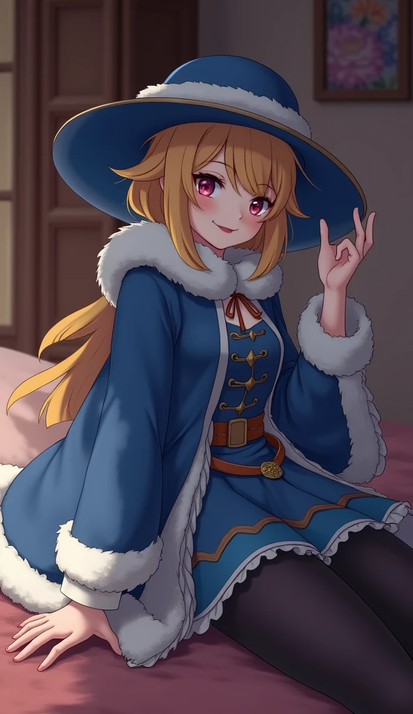 1 girl,drifters, by the wide, sombreros azulis, Hats with fur trim, Capelet, Vistido azul, long sleeves, belt, side slit,black thighs,Muslos gruisos,pechos grandis,wide hip,half closed eyes,prisumido,(affected smile),exprisión feliz,medieval room,room,bed,(iscorzo),(disde back:1.4),mirando al ispectador,camel toe,obra maistra,Extremely detailed CG unity 8k wallpaper, Best Quality,32K,sharp focus, Prone,is,  (lying), en el istomago,back, disde back, iscorzo , de ispaldas