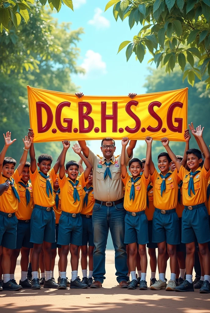A group of boy scouts they are all very happy and there is an adult scout with them. He is standing in the middle of all of them. There are 10+12 boy scouts on both sides of him. They are all holding a big banner. The banner is written in big letters. D.G.B.H.S.S.G is also written Danmondi government boys high school. scout group