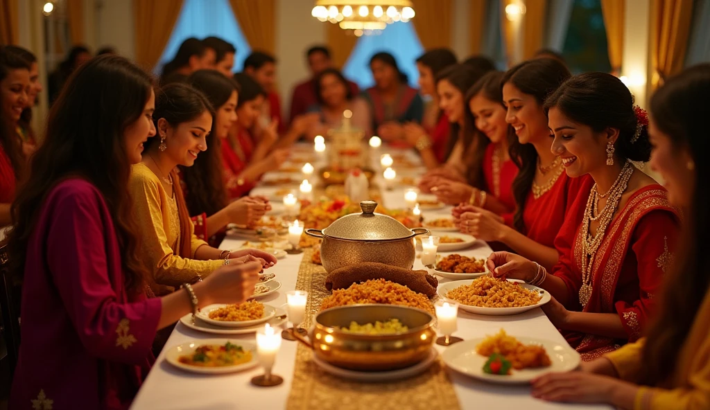 Imagine a close-knit Bangladeshi wedding gathering, where 10 to 20 guests, dressed in traditional attire of deep maroon (#80114), rich red (#d6572a), and golden yellow (#f6b638), share an intimate celebration. The small group creates a warm, personal atmosphere, filled with the soft sounds of laughter and traditional music. In front of them lies a beautifully arranged food buffet, a reflection of the rich culinary traditions of Bangladesh.
The buffet table, covered in a crisp white cloth, is adorned with golden accents and fresh flowers, providing a charming contrast to the vibrant dishes laid out. There’s a large, steaming pot of Kacchi Biryani, where the fragrant basmati rice, marinated mutton, and aromatic spices meld together in perfect harmony. Nearby, guests can serve themselves from a bowl of Bhuna Khichuri, creamy and comforting, complemented by spicy beef or chicken Bhuna.
The table also offers golden, puffy Luchi, ideal for scooping up rich curries like the tangy Shorshe Ilish, where hilsa fish is bathed in a mustard sauce. A modest yet tempting dessert section features creamy Mishti Doi, soft Roshogolla, and delicate Sandesh, each sweet adding a touch of indulgence to the meal. The scene is cozy and elegant, with the warm glow of traditional lamps enhancing the intimate atmosphere, making it a perfect celebration of love, tradition, and the flavors of Bangladesh