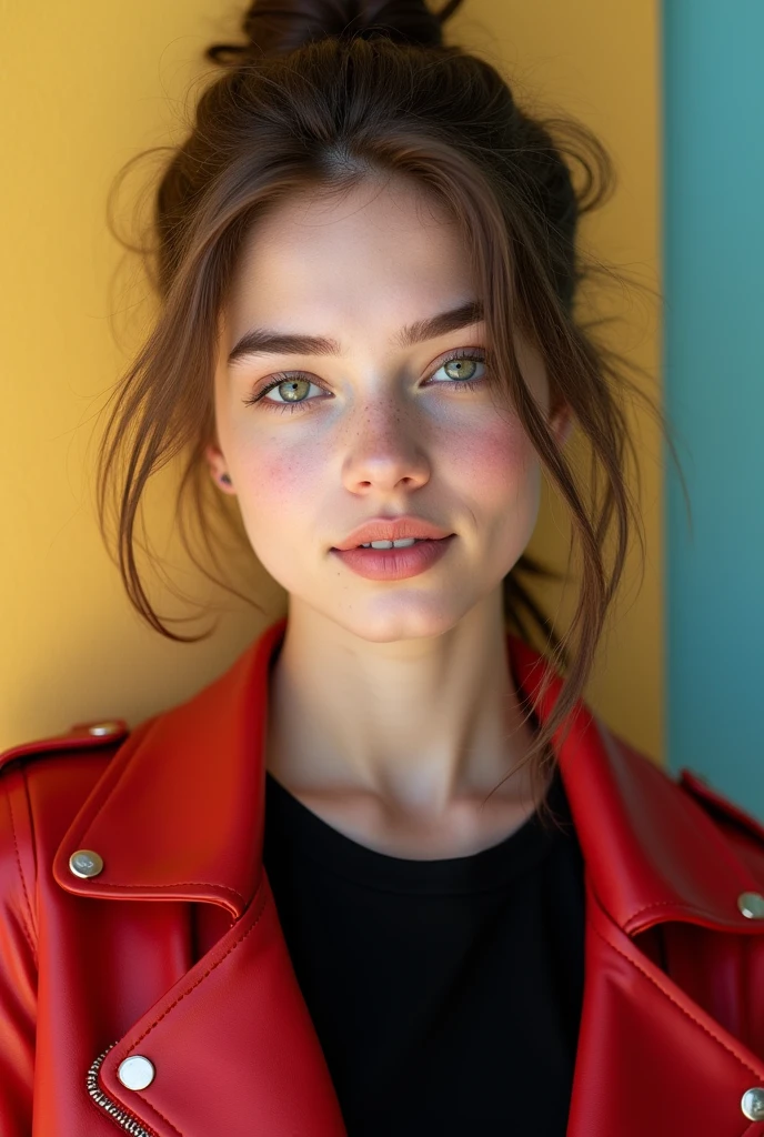 Portrait of an American girl, Dove Cameron mixed Stefanie Scott mixed Emma Stone mixed Alexandra Daddario, beautiful, natural beauty, sharp Caucasian features, 19 years old, pale skin tone, brunette hair, messy ponytail, green eyes, wearing red leather sports jacket with black t-shirt underneath, 4k photo, detailed eyes, professional, natural lighting, natural beauty, natural tones, caucasian, european, pale skin tone, green eyes, beautiful, brunette hair 