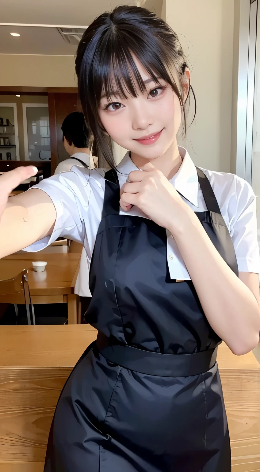 (Highest quality,masterpiece:1.3,Ultra-high resolution,),(Very detailed,Caustics),(Realistic:1.4,RAW shooting,)Ultra-Realistic Capture,Very detailed,High resolution 16K human skin closeup。 Natural skin texture、,pores、、、、It must be detailed enough to be easily identifiable。 Skin tone is even and healthy looking。 Use natural light and color,restaurant,Waitress Uniform,1 person,Japanese,18-year-old,cute,Black-haired,ponytail,Big Breasts,smile,Turn your body forward,(Front view:1.1),Looking into the camera,Cowboy Shot,