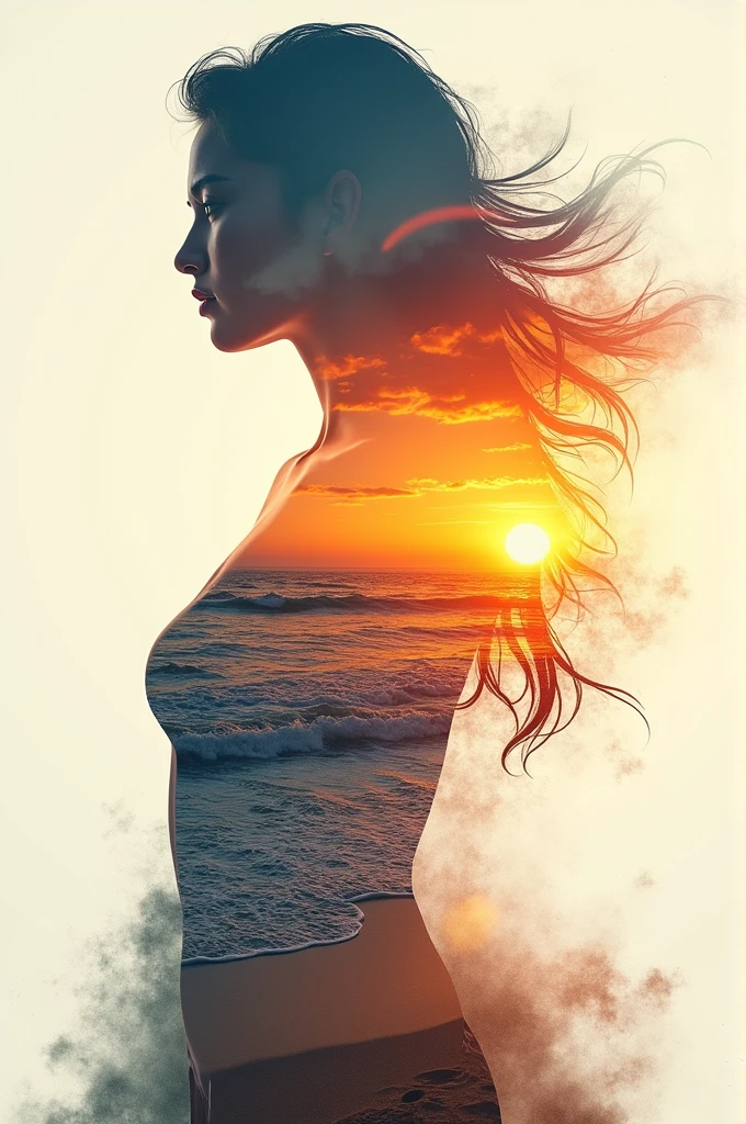 high quality, 8K Ultra HD, A beautiful double exposure that combines an goddess silhouette with sunset coast, sunset coast should serve as the underlying backdrop, with its details incorporated into the goddess , crisp lines, The background is monochrome, sharp focus, double exposure, by yukisakura, awesome full color,