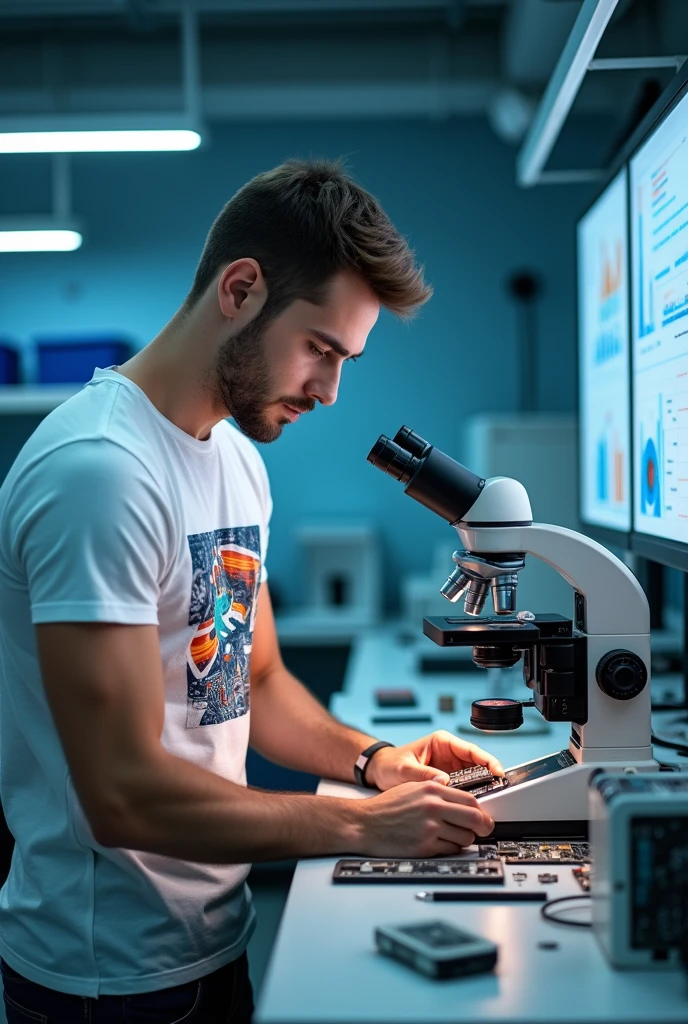 A handsome, athletic phone technician wearing a T-shirt from China is working using a microscope and other advanced equipment.