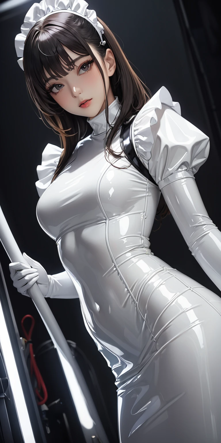 Portraiture、Lying down pose、(masterpiece,Highest quality,Ultra-high resolution),Japanese women, (((Very beautiful 25 year old girl))),(White latex maid outfit)、(White latex long skirt)、(A long-sleeved white latex shirt covering the upper body)、White latex long gloves、White latex socks、Latex bodysuit、The clothes fit snugly to the body、Latex is very shiny、Dark Room、