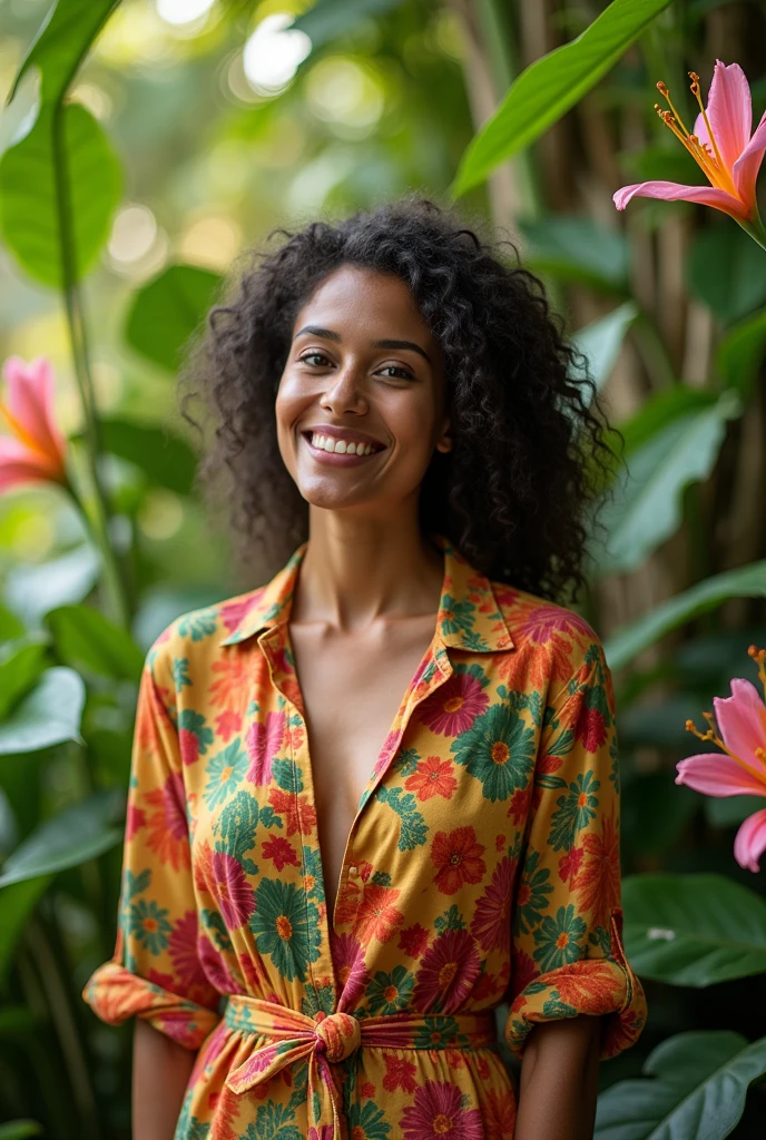 A Brazilian woman in a lush tropical garden, wearing an open shirt with a floral print, with a close-up capturing the harmonious beauty between her breasts and the natural flowers, showing off your natural charm and outgoing personality.