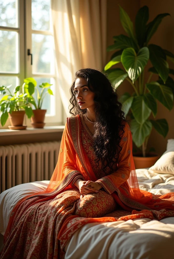 (photorealism:1.2), beautiful woman, sitting on bed, wearing ethnic lehanga, modeling for "MAGUVA" , long curly hair, indoors, soft lighting, plants in background, window with sunlight, cozy room, relaxed pose, realistic, intricate details, warm colors.