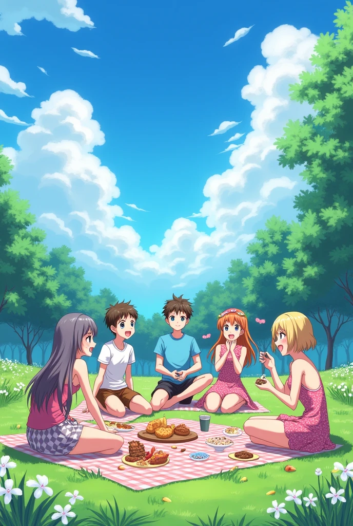Draw an Anime picnic. Fun atmosphere boys and girls 