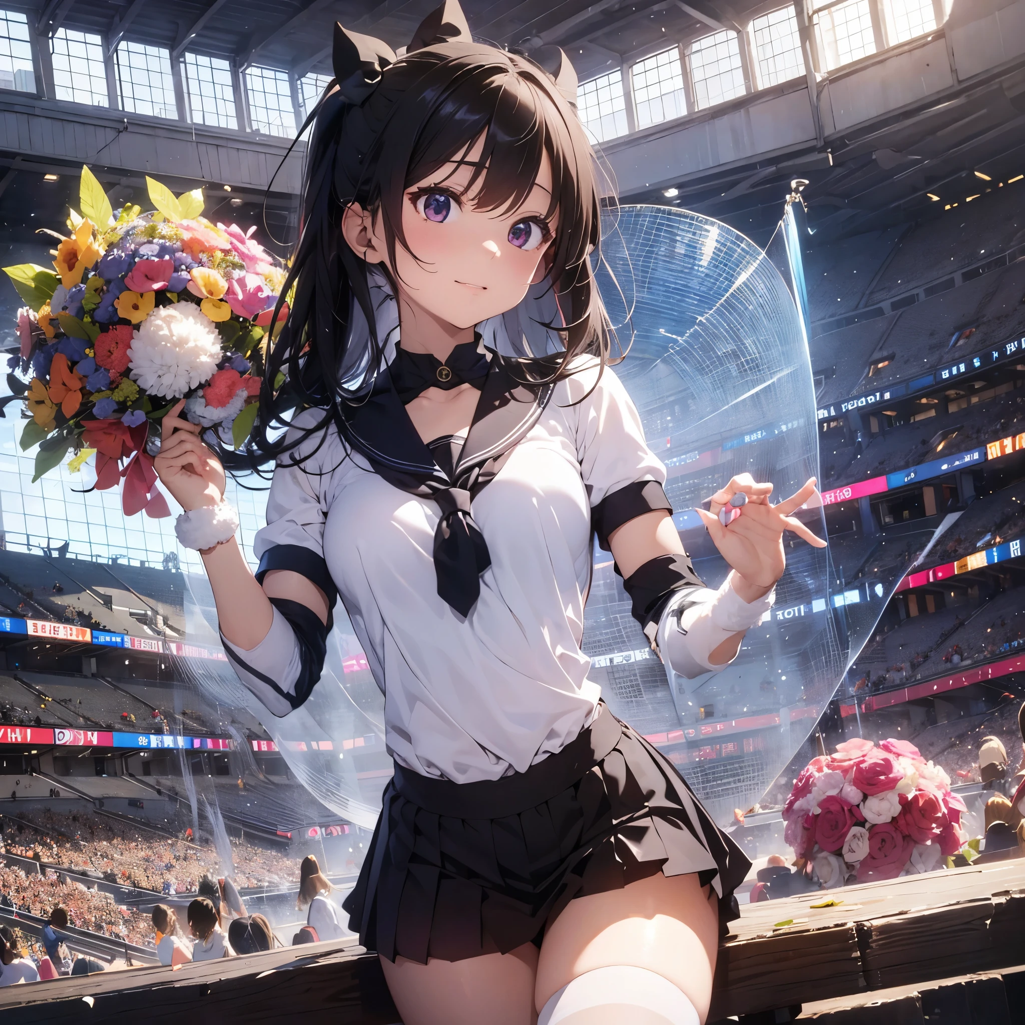 Arafedo Asian cheerleaders making dynamic poses at the stadium with big pom-poms in both hands、write、Close-up、Cosplay Photo、Anime Cosplay、Small breasts、RAW Photos, Highest quality, High resolution, (masterpiece), (Photorealistic:1.4), Professional photography, Sharp focus, Hmph, 8k resolution, Intricate details, Depth of written boundary, Highly detailed CG Unity 8k wallpaper, Front light, and, Beautiful Supermodel, Laughter、Slender、Mary Rose、Twin tail hair、Korean style uniform、Peeking from below、(Thin thighs)、White underwear is visible