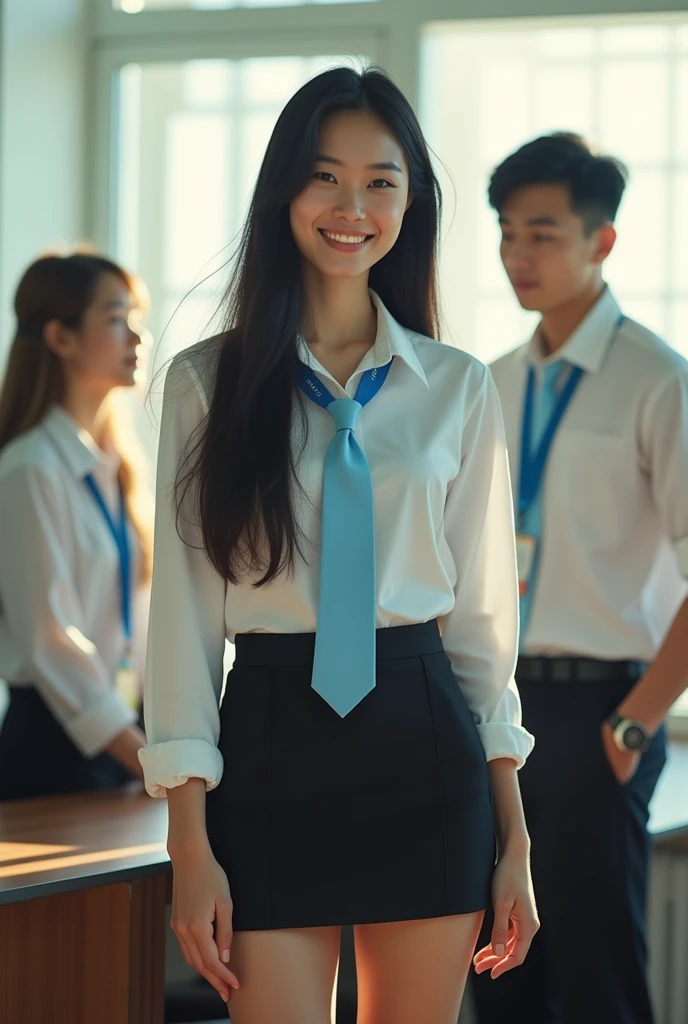 (Masterpiece),(complication:1.3),(realistic),The image is very complex,Image of 3 men and women,smile happily,คนที่1 ภาพเหมือนของหญิงสาว18 years old,Thai face,The most beautiful in the world,long black hair,(White long-sleeved shirt, black mini skirt, light blue tie),Person 2, portrait of a young woman,Age 15-17,Half Thai-British face,The most beautiful in the world,short golden hair,(White long-sleeved shirt, black mini skirt, light blue tie),The third picture is a portrait of a man.,18 years old, Thai face,The most handsome in the world,black hair, (White long-sleeved shirt, black slacks, light blue tie),Everyone is wearing a blue student ID lanyard,(In the computer room),แสงแดดอ่อนมภาพถ่ายมืออาชีพของผู้หญิงที่Amazingอย่างละเอรยด,ภาพถ่ายมืออาชีพของผู้ชายที่Amazingอย่างละเอียด,focus,Amazing,Awarded the best photographer in the world,Cinematic lighting,Octane makes the engine not real volume dtx,Computer background,Horizontal image,(Firm physique,blurred background,The foreground is blurry.,Bokeh,depth of field,Blurred motion:1.3)