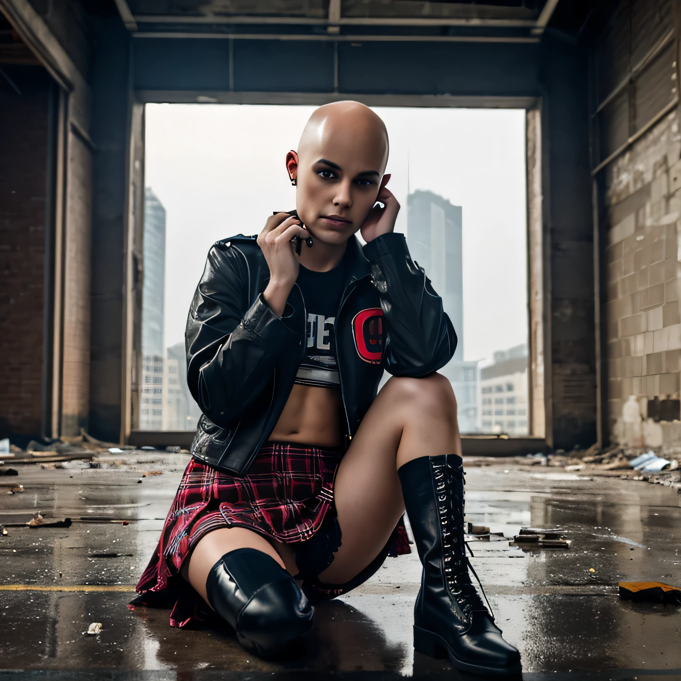 A beautiful bald girl in punk clothes, a plaid skirt, ripped stockings, and high boots sits on her haunches in an abandoned building, crying and smoking a cigarette. , It's raining outside, neon evening, realistic portrait sad girl, beautiful bald girl