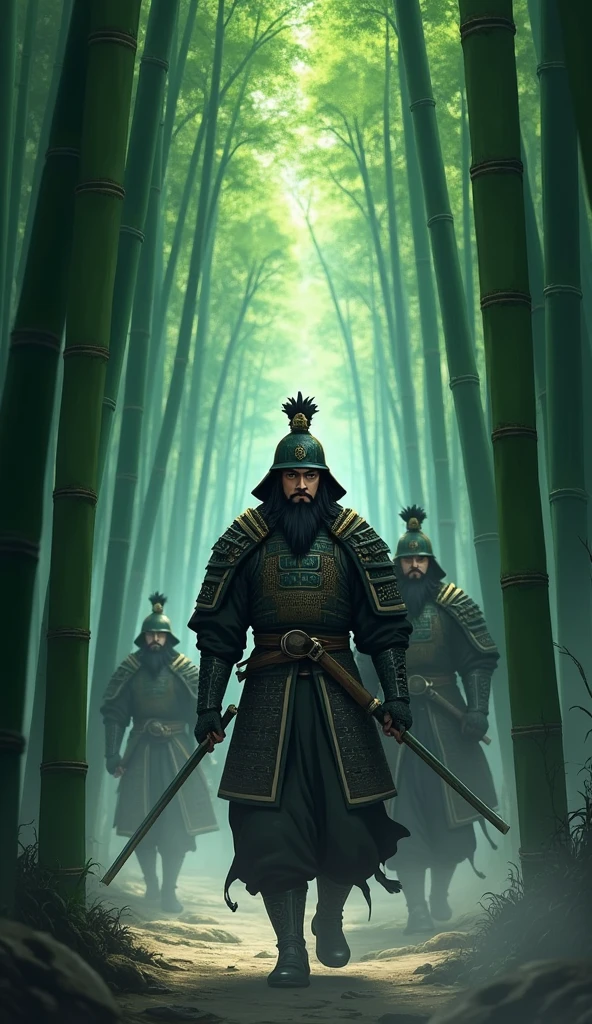 Today's challenge theme:Yuan Dynasty fighters moving through a dark Bamboo Forest, ghibli anime art