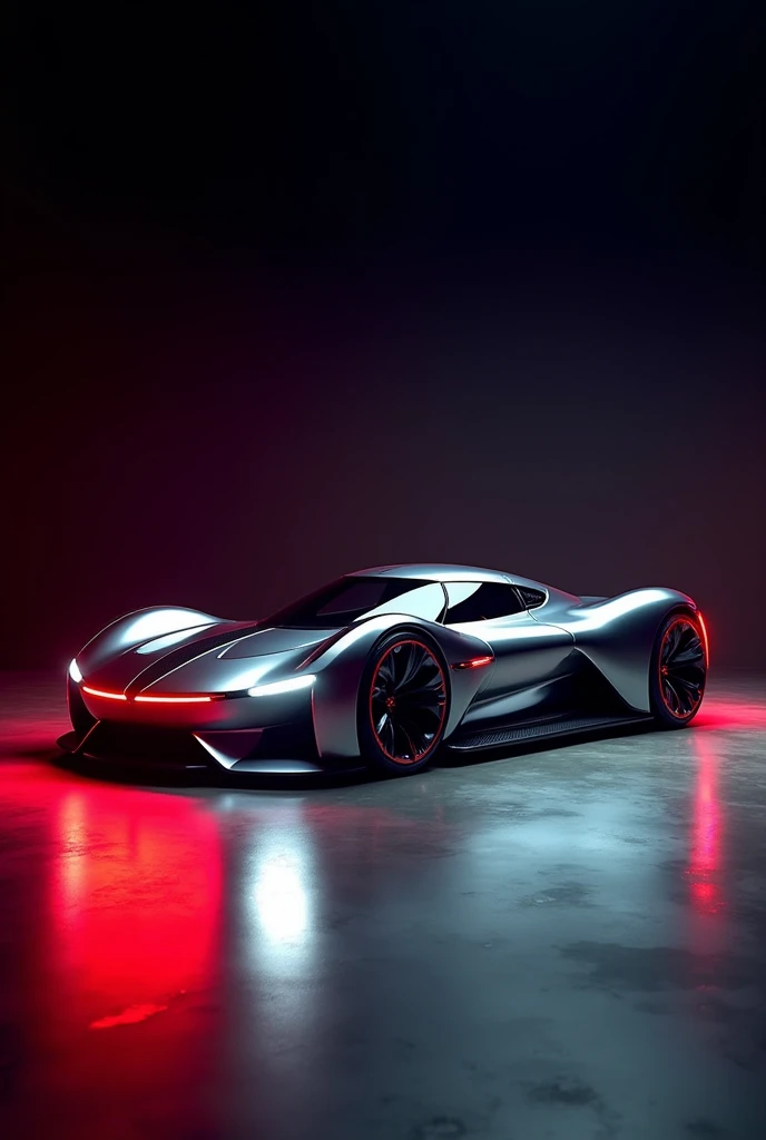 The image features a sleek, futuristic car  with a low profile, aerodynamic design, and a shiny, reflective surface. The car is set against a dark background with vibrant red and white light reflections on the ground, giving it a dramatic and high-tech appearance. The vehicle appears to be a concept car, likely incorporating advanced technology and cutting-edge design elements. uhd 16k, professional photography, image like neon box 3D light 