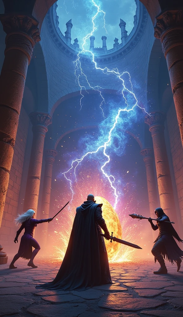 In the grand, dimly lit chamber of the fortress, Vortex and Raven engage in an epic showdown with the witch. The stolen dragon egg is prominently displayed in the center. Vortex, clad in his gothic black armor, wields his dark sword with deadly precision, using "Shadow Eclipse" to cut through the witch's dark magic. His face is a mask of determination and anger. Raven, a male elf archer in deep purple leather armor, releases Stormbringer Arrows and Stormfire Arrows, creating devastating bursts of lightning and fire. His silver hair flows as he expertly maneuvers around the battlefield. The witch retaliates with powerful spells, her staff crackling with dark energy. The battle is intense, with magical and physical forces clashing in a dramatic and visually stunning display.
