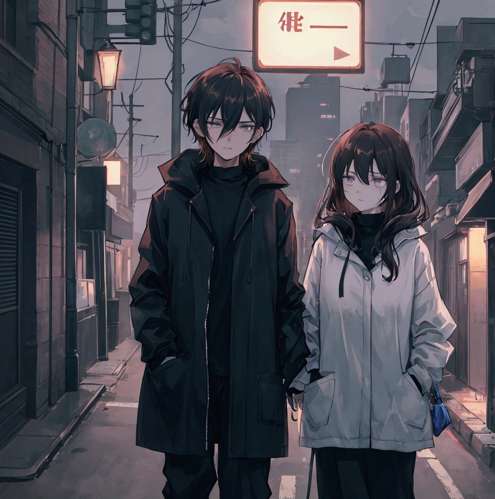 Generate an anime-style digital artwork featuring a melancholic young couple standing face-to-face in a moody, urban night setting. The female character, who is shorter than her male partner, has long, black or brown hair cascading down her back. She has piercing eyes and a tired expression, reflecting deep emotional weariness. A cigarette dangles from her lips, with wisps of smoke curling around her face, adding to the mysterious atmosphere. She wears a black top partially covered by a light jacket. The male character, standing directly in front of her, has short, black or brown hair that’s slightly tousled, with a rugged yet handsome appearance. His expression is calm but carries a hint of sadness, mirroring the emotional depth of his partner. He wears a simple dark shirt and jacket. Both characters are facing each other, slightly angled away from the camera, with their eyes locked onto each other, conveying a deep, intimate connection. The angle suggests that the viewer is observing a private, intense moment between them, where their bond is clear yet unspoken. The background is a dimly lit alleyway or an urban street at night, bathed in the faint glow of distant streetlights or neon signs. Deep shadows cast by the sparse lighting enhance the mood, creating a sense of solitude, introspection, and quiet defiance. The overall atmosphere should convey the feeling of two souls bound by shared experiences, standing together against a backdrop of a cold, indifferent cityscape. The color palette should be cool, dominated by blues, purples, and dark tones, with occasional warm highlights from the streetlights or cigarette embers. Ensure both characters are the focus, with the setting complementing their emotional state, creating a harmonious yet haunting scene that captures the essence of their bond and the loneliness of the urban night
