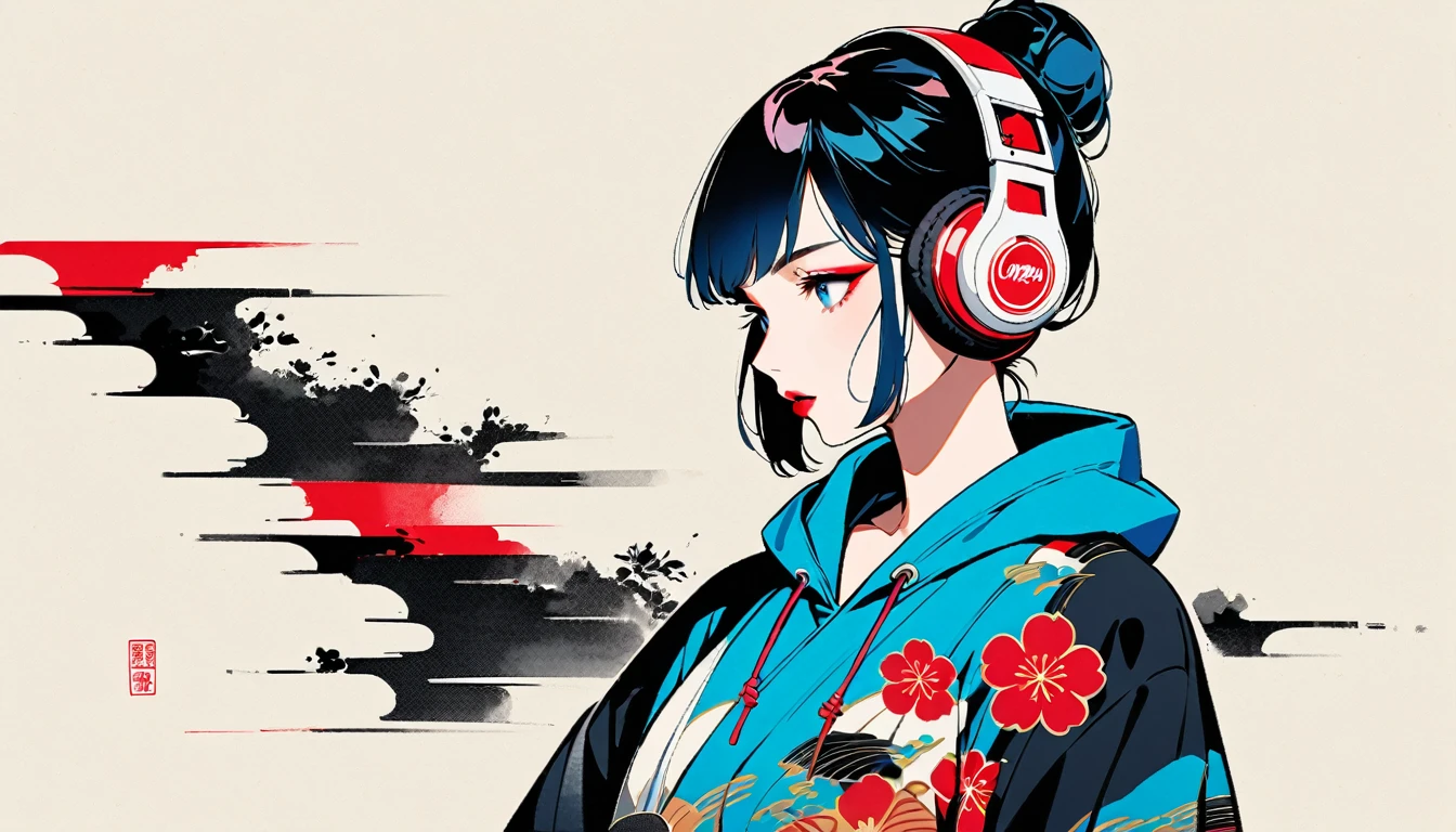 (((Ink Painting))), Fashion portrait color photography, (((1 person))), (((Flashy makeup))), (((Japanese style headphones))), (((Japanese pattern hoodie))), Japan人の美少女, Delicate and precise, Modern ukiyo-e style,Japan, Japanese flag, red and blue neon