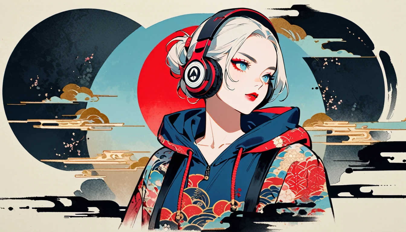 (((Ink Painting))), Fashion portrait color photography, (((1 person))), (((Flashy makeup))), (((Japanese style headphones))), (((Japanese pattern hoodie))), Japan人の美少女, Delicate and precise, Modern ukiyo-e style,Japan, Japanese flag, red and blue neon