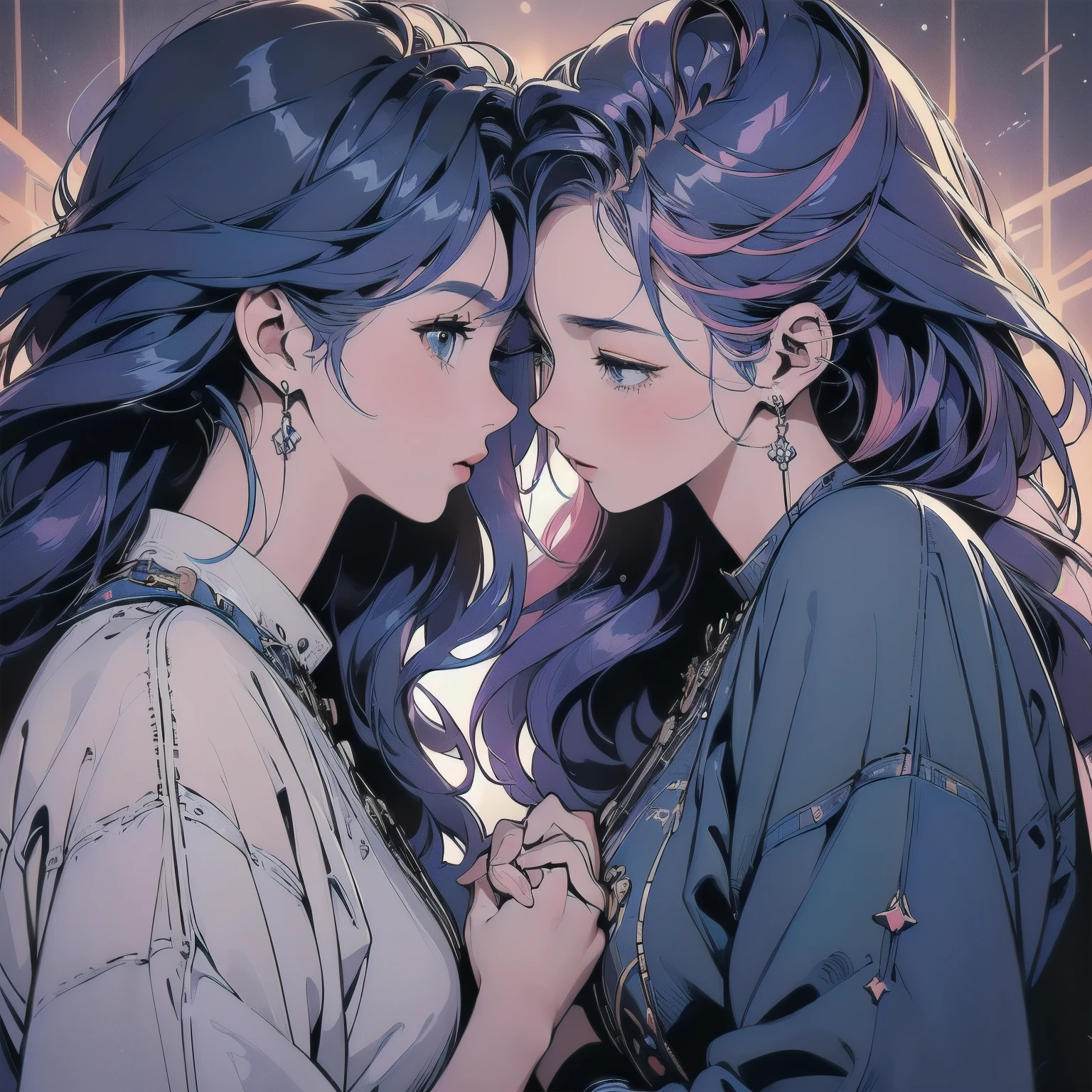 ((((beautiful "Two Women" Kissing))), (((Spaceship))), (((A perfect machine))), (((no gravity))), space, Lots of wires, switchboard, Perfect and elaborate machinery, Detailed Hair, (((Different angles))), (((head shot))) Highly detailed background, Highest quality, A variety of unique hairstyles, Trigun, The background is space,Faint lighting, (((Leaning close like lovers)))、((((Colorful hair colors))))、Holding hands