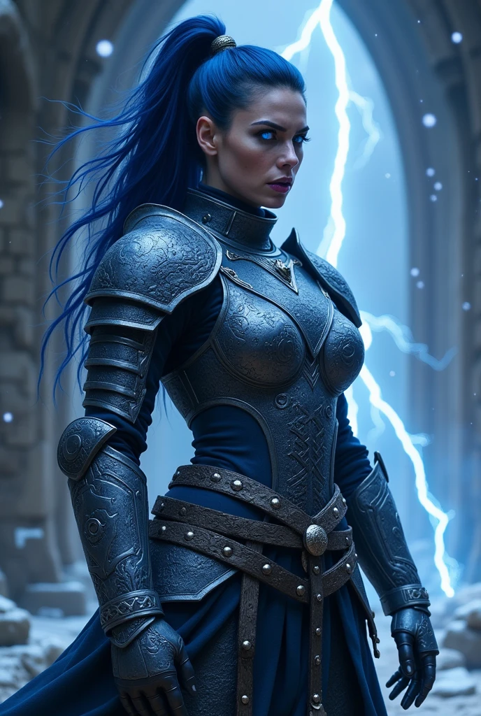 Jaimie Alexander, angry evil beautiful and muscular, Nordic female, towering storm Giantess with blue black hair in a ponytail, older and mature woman, throwing a lightning ball, celtic glowing tattoos, wearing nordic steel runic plate mail Armour , temple cave background with lightning storm, glowing blue eyes, square jaw, powerful and imposing, winter clothing, pale blue purple skin, ((full plate celtic dragon armour)), nordic tattoos, fit bodybuilder