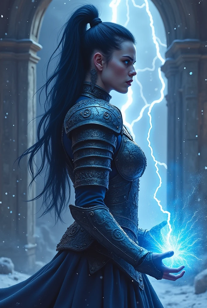 Jaimie Alexander, angry evil beautiful and muscular, Nordic female, towering storm Giantess with blue black hair in a ponytail, older and mature woman, throwing a lightning ball, celtic glowing tattoos, wearing nordic steel runic plate mail Armour , temple cave background with lightning storm, glowing blue eyes, square jaw, powerful and imposing, winter clothing, pale blue purple skin, ((full plate celtic dragon armour)), nordic tattoos, fit bodybuilder