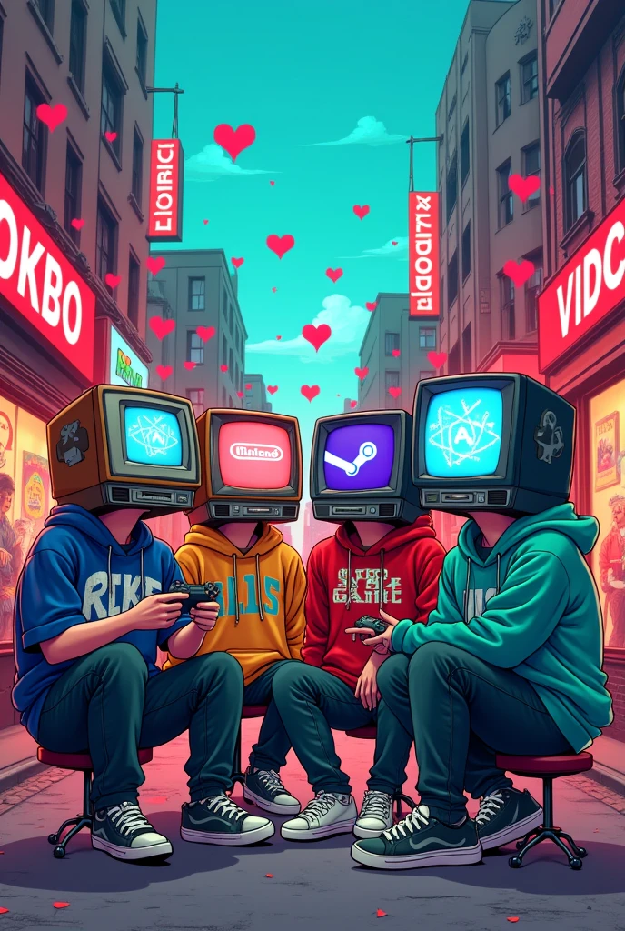 Boys with TV-shaped heads with the Nintendo Logo, Steam logo, Playstation logo, Xbox version logo manga