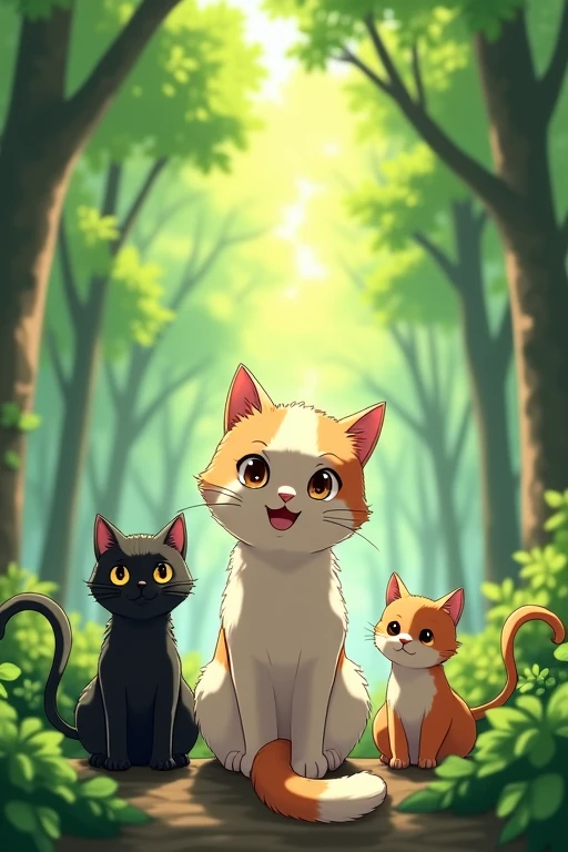 Cat、Background in the forest、Back view, smile, Anime Style、両隣にもCat