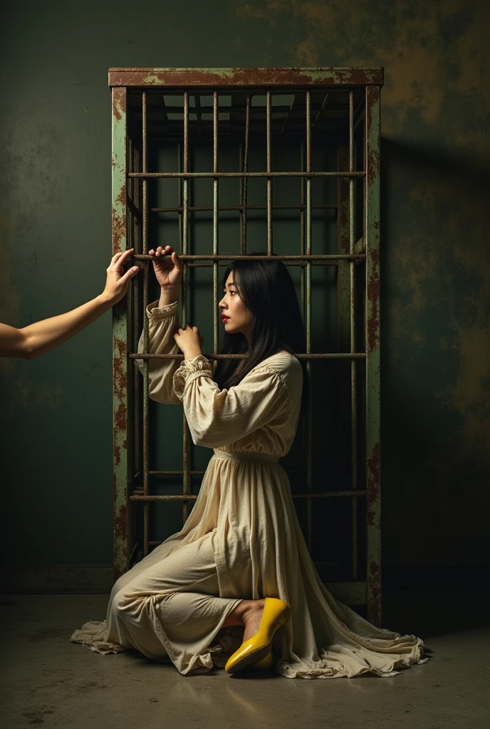A girl in a cage bound by ropes, the girl is assisted. The girl is wearing a dress that looks like a long, torn shirt and yellow heels. The cage is small. Make her kneel, holding onto the bars of the cage. The girl is an adult.