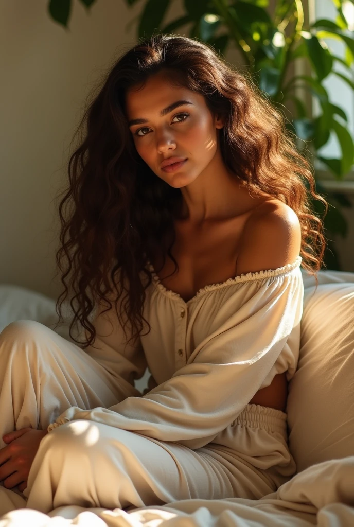 (photorealism:1.2), beautiful woman, sitting on bed, wearing loose off-shoulder top, pajama pants, long curly hair, indoors, soft lighting, plants in background, window with sunlight, cozy room, relaxed pose, realistic, intricate details, warm colors, by Greg Rutkowski, by Alphonse Mucha