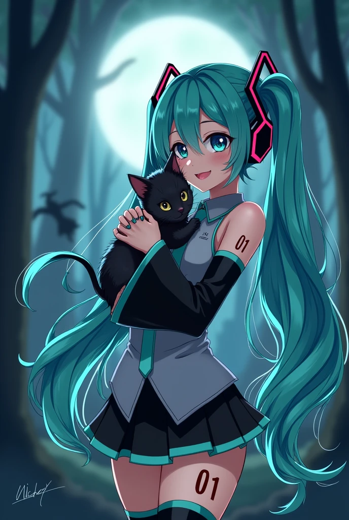 Anime art, anime style, detailed drawing, beautiful forest background background, high definition, high quality, one girl, solo, Hatsune Miku, aqua hair, twin tails, headphones, small number tattoo "01" (red, located on her right hand), grey sleeveless collared shirt, black detached sleeves with aqua lines, five fingers with aqua nails, aqua necktie, black pleated mini skirt with aqua lines, zettai ryouiki, thigh-high black boots with aqua lines.
Get example from this image: https://vocaloidespanol.fandom.com/es/wiki/Hatsune_Miku?file=Hatsune_Miku.png
Miku Hatsune hugging a black cat in the night; there is witch following her behind