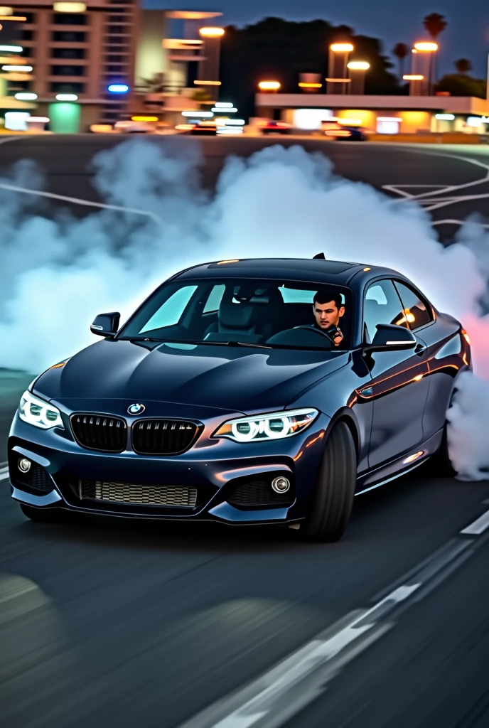 
the best quality of a bmw car in drift with a driver inside the cabin