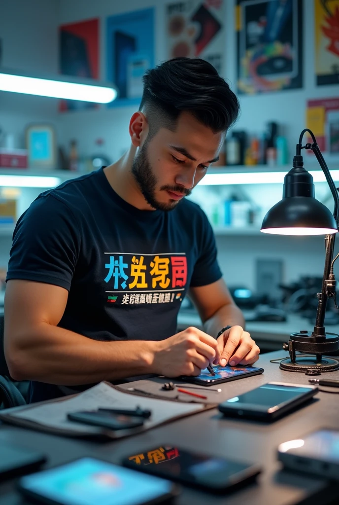 A handsome, athletic cell phone technician wearing a T-shirt from China is working using advanced equipment.