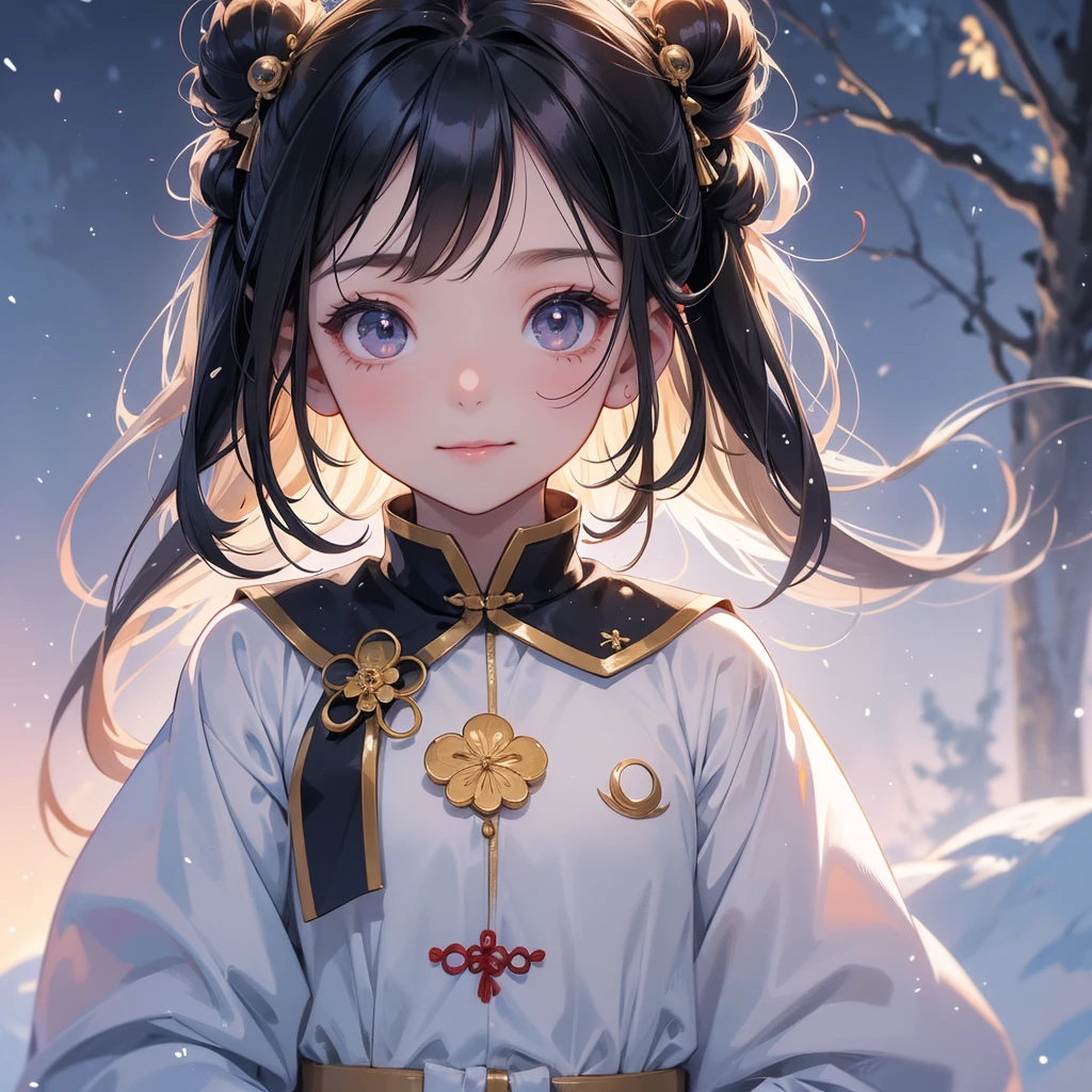 A chibi child girl had a small face and Wearing a little Taoist priest's outfit. A pair of big round eyes shone with curiosity about him. This child was so cute! , raindrops are falling down, her hair is black with two buns on her hair.small chibi, chibi baby, smiling.
The little chibi baby looked up with his chest raised, and his face was old and proud.
Amidst the white snowy atmosphere, the snow is falling lightly, the trees are covered with white snow, sunset. Close up.