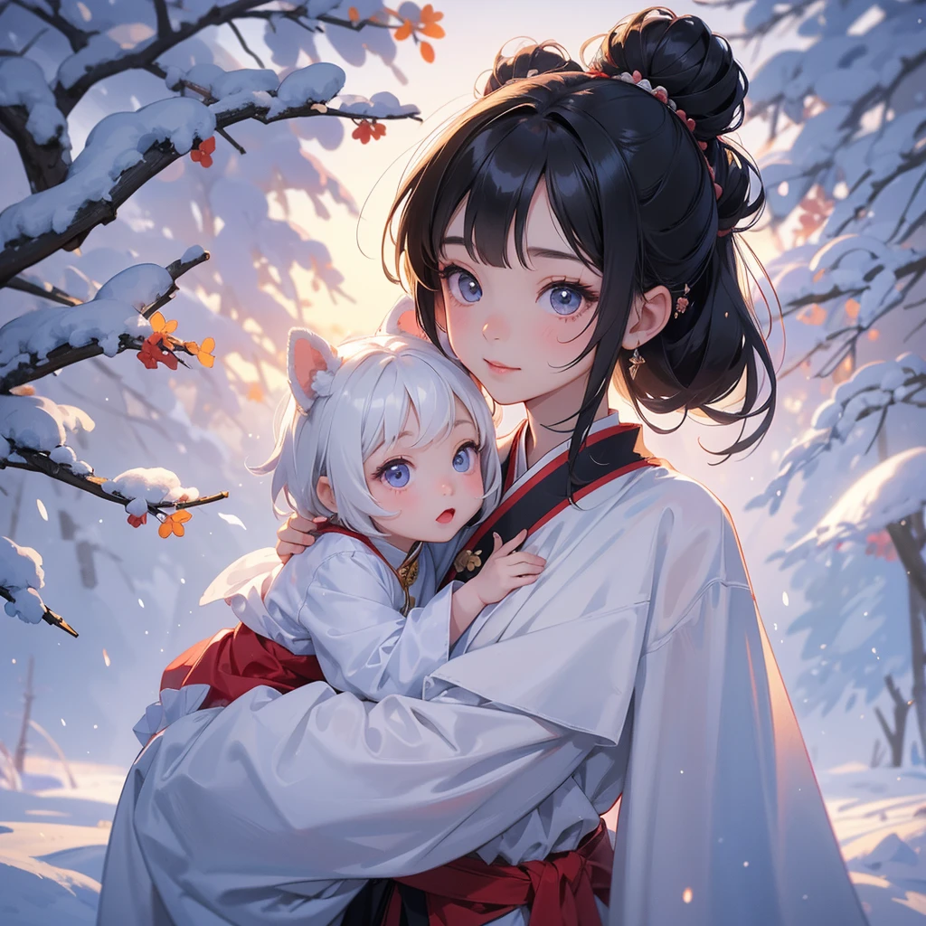 A chibi child girl had a small face and Wearing a little Taoist priest's outfit. A pair of big round eyes shone with curiosity about him. This child was so cute! , raindrops are falling down, her hair is black with two buns on her hair.small chibi, chibi baby, smiling.
The little chibi baby looked up with his chest raised, and his face was old and proud.
Amidst the white snowy atmosphere, the snow is falling lightly, the trees are covered with white snow, sunset. Close up.