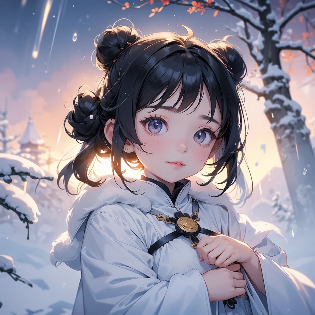 A chibi girl had a small face and Wearing a little Taoist priest's outfit. A pair of big round eyes shone with curiosity about him. This childso cute! , raindrops are falling down, her hair is black with two buns on her hair.small chibi, chibi baby, smiling.
The little chibi baby looked up with his chest raised, and his face was old and proud.
Amidst the white snowy atmosphere, the snow is falling lightly, the trees are covered with white snow, sunset. Close up.