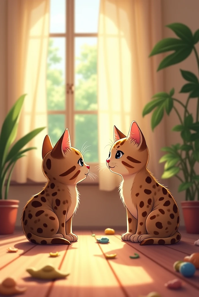 Create a 2D image of a spotted Burmese kitten looking at its master from the side in anime style