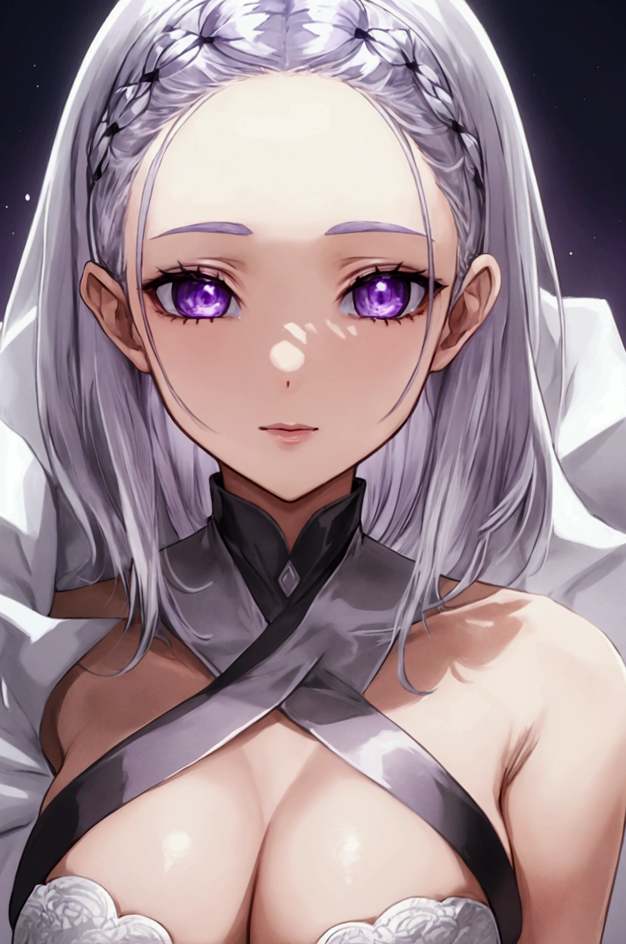 Silver-haired woman　Light purple eyes　Drooping eyes　Short bangs　Wide forehead　Medium hair outside　user