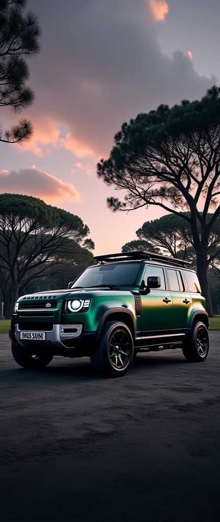 Ah ultra hd wide long straight photography of Brand new (premium (luxury )land rover defender 110 model 2024) 5 door defender in dark greenish colour with (luxury glazy shining body painting) and side mounted ladder. (Luxury big Diamond cut alloy wheels) are turned and body lowered vehicle). Sharp head lamps. Dark violet sky and dark grey soil and background filled with dark trees.