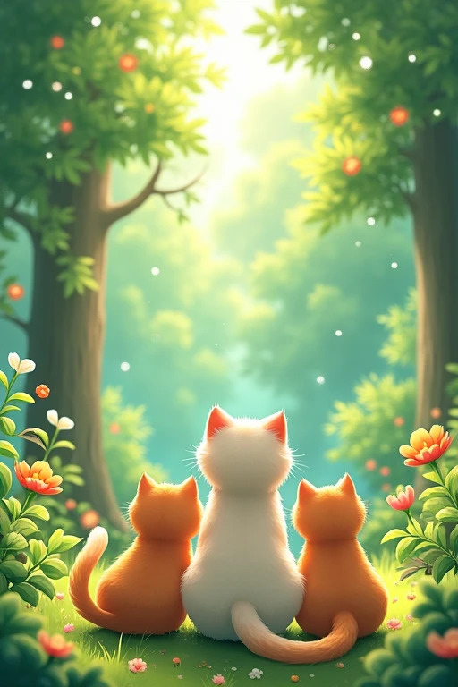 Cat、Background in the forest、Back view, smile, Anime Style、両隣にもCat