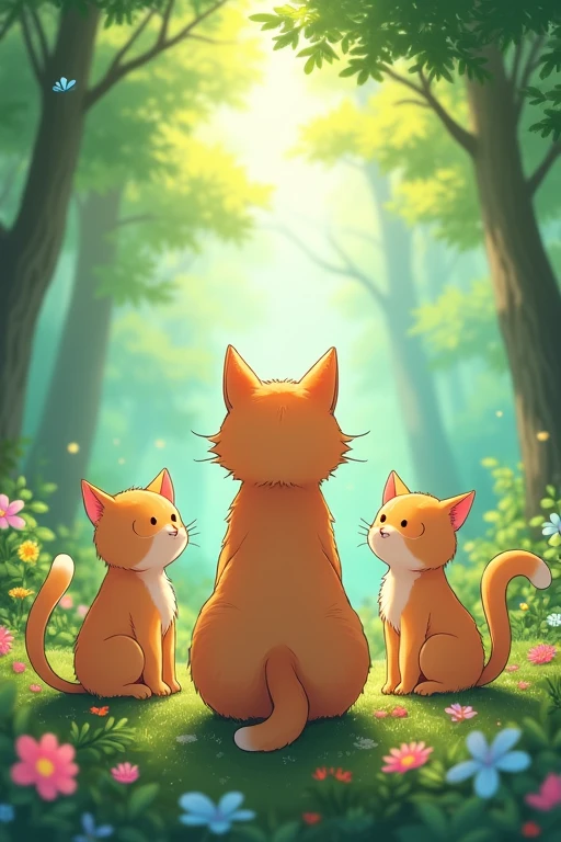 Cat、Background in the forest、Back view, smile, Anime Style、両隣にもCat