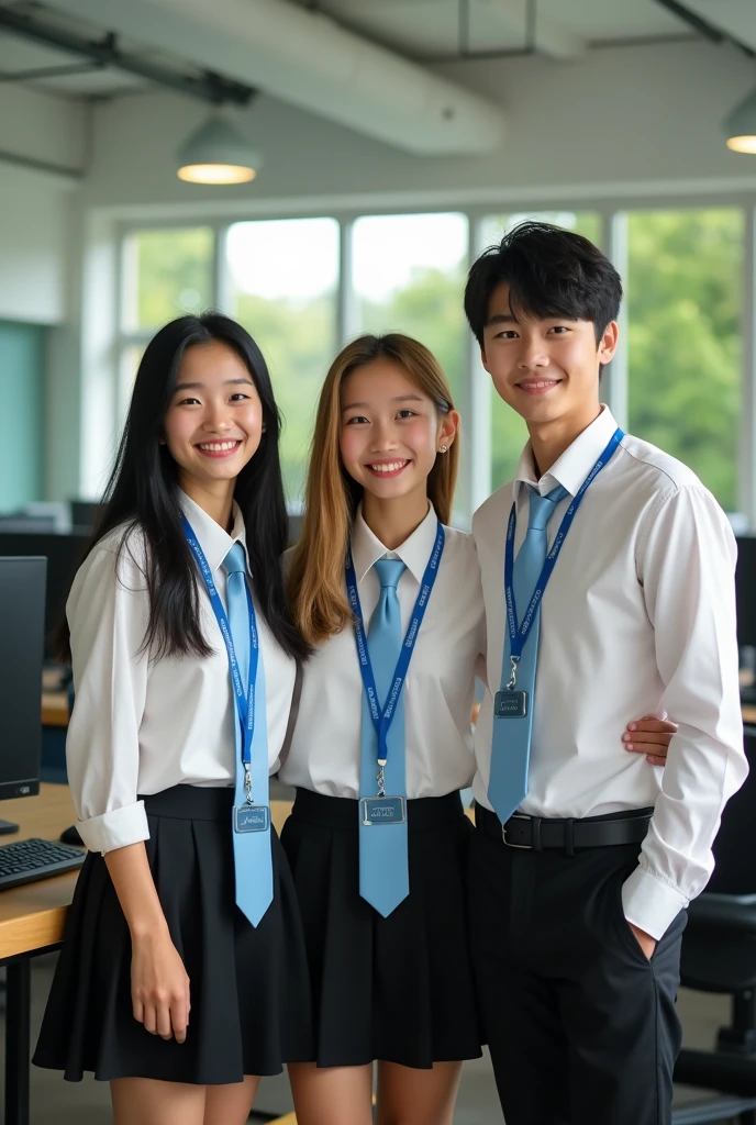 (Masterpiece),(complication:1.3),(realistic),The image is very complex,Image of 3 men and women,smile happily,คนที่1 ภาพเหมือนของหญิงสาว18 years old,Thai face,The most beautiful in the world,long black hair,(White long-sleeved shirt, black mini skirt, light blue tie),Person 2, portrait of a young woman,Age 15-17,Half Thai-British face,The most beautiful in the world,short golden hair,(White long-sleeved shirt, black mini skirt, light blue tie),The third picture is a portrait of a man.,18 years old, Thai face,The most handsome in the world,black hair, (White long-sleeved shirt, black slacks, light blue tie),Everyone is wearing a blue student ID lanyard,(In the computer room),แสงแดดอ่อนมภาพถ่ายมืออาชีพของผู้หญิงที่Amazingอย่างละเอรยด,ภาพถ่ายมืออาชีพของผู้ชายที่Amazingอย่างละเอียด,focus,Amazing,Awarded the best photographer in the world,Cinematic lighting,Octane makes the engine not real volume dtx,Computer background,Horizontal image,(Firm physique,blurred background,The foreground is blurry.,Bokeh,depth of field,Blurred motion:1.3)