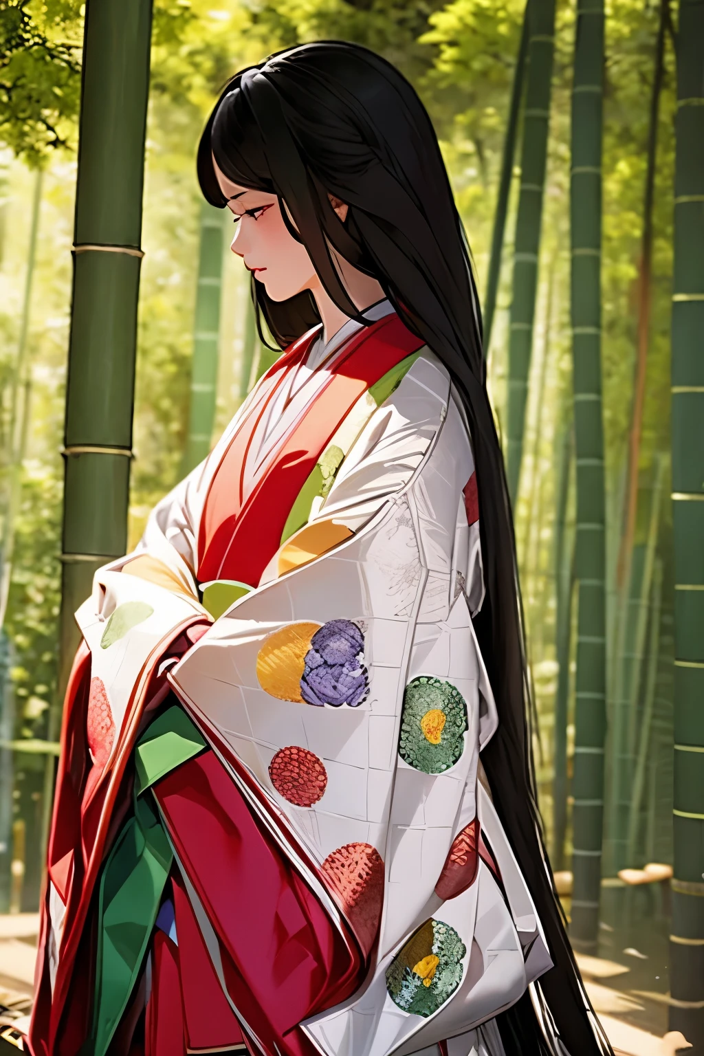 (A scene of a bamboo forest with a fantastical atmosphere;1.2)、(In the bamboo forest shrouded in morning mist:1.2)、Princess Kaguya、One person, junihitoe, alone, Very long black hair, Purple and Red Tangyi, Purple and red hakama, Holding (Open burdock), Blur the background, Sleeve Cuff Precise Depiction、(Highest quality、masterpiece)、4K、wallpaper、