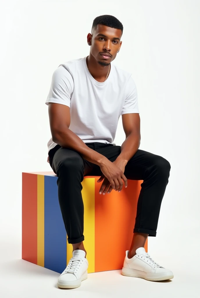 best qualityer:1.4), (ultra high resolution:1.2), (photorrealistic:1.4), (8k, CRU photo:1.2), A 20-year-old man, light brown skin, American short haircut, eyes browns, shirt white short-sleeved, Black pants up to the ankle, White sneakers, He is sitting on a colorful cube looking seductively at the camera. He is in a white background